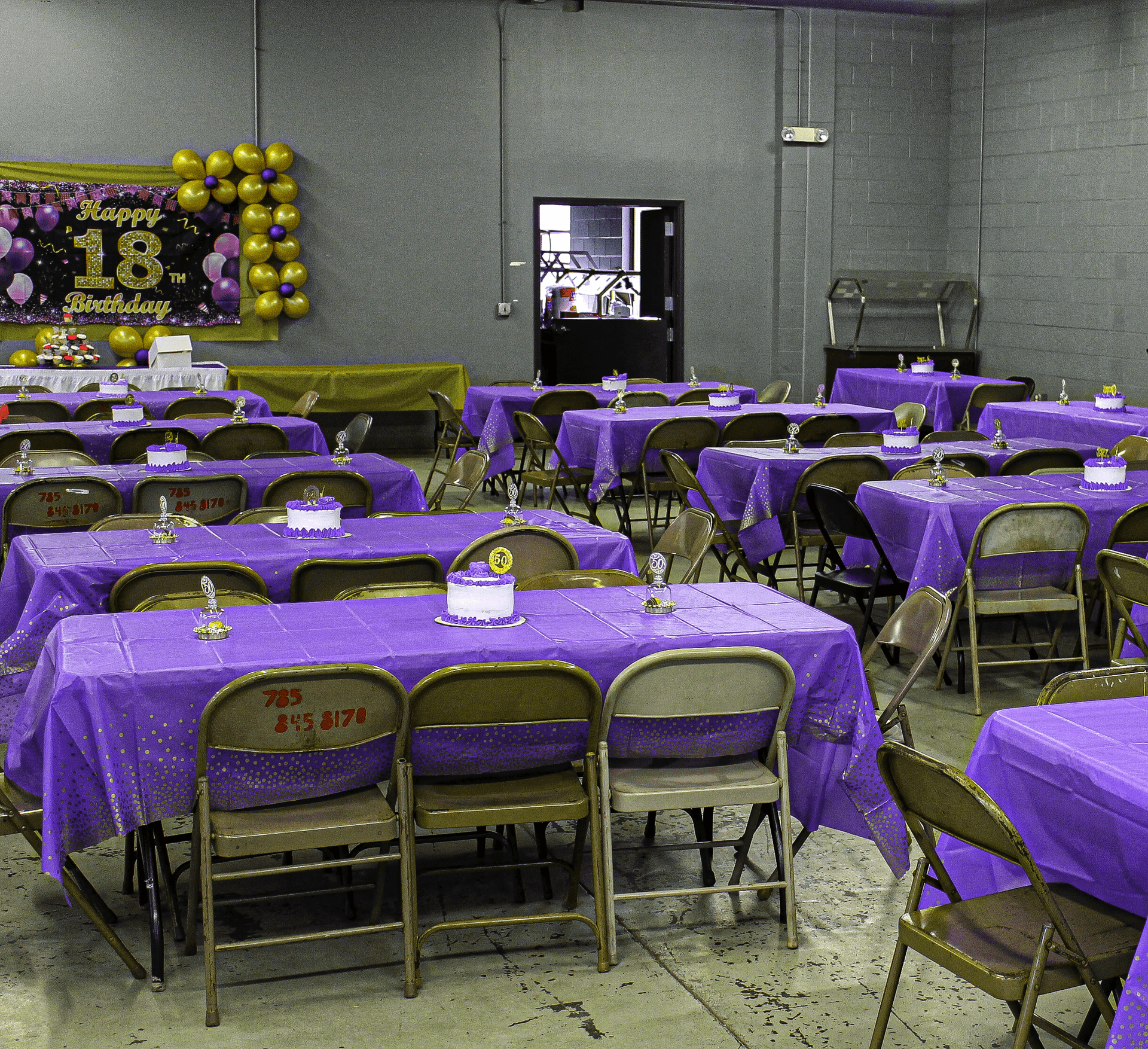 Quinceañera set up with over 12 tables with a mini cake for each table